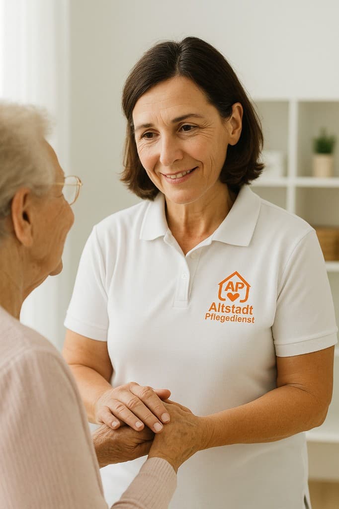 Pflegekraft begleitet eine Seniorin mit Herz und Aufmerksamkeit